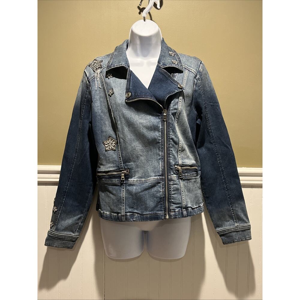 INC Rhinestone Cowboy Denim Jacket – Beaded Full Zip Women’s Medium